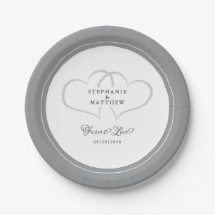Forever Love Elegant Wedding Hearts Gray & White Paper Plates