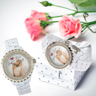 Forever Love Red Rose Elegant White Rhinestone Watch