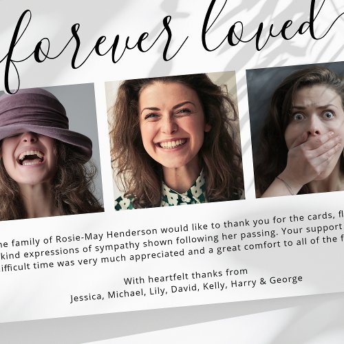 Forever Loved 3 Photo Funeral Thank You Card