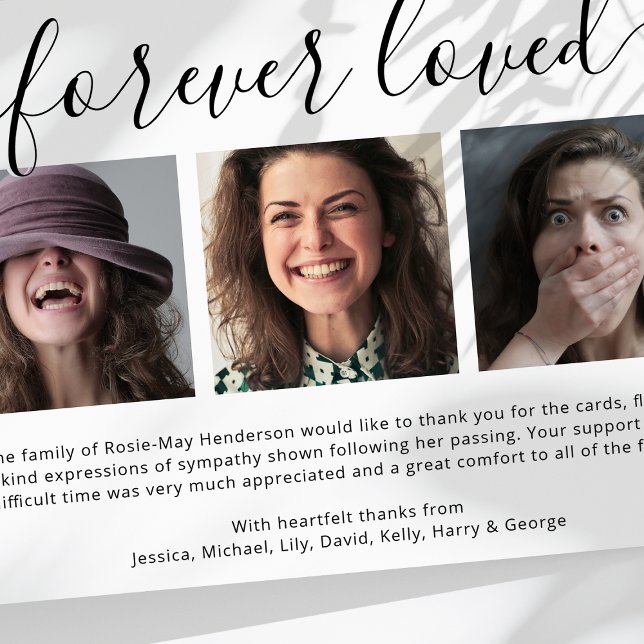 Forever Loved 3 Photo Funeral Thank You Card (Creator Uploaded)