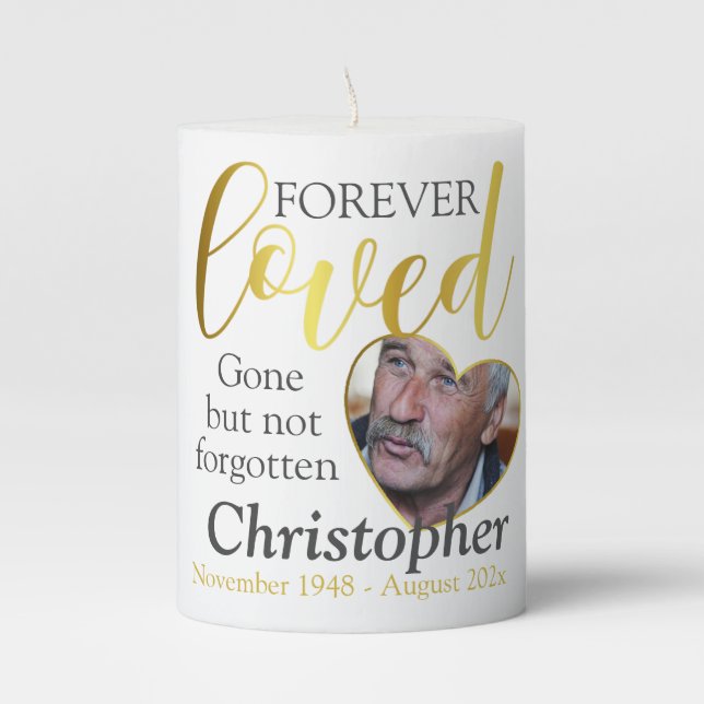 Forever Loved Heart Photo Memorial Remembrance  Pillar Candle (Front)