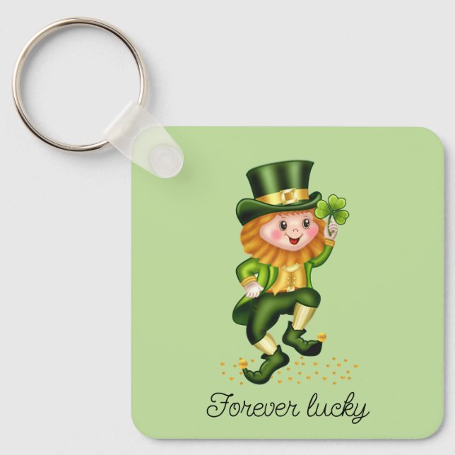 Forever Lucky Gnome & Monogram on Light Green Keychain (Front)