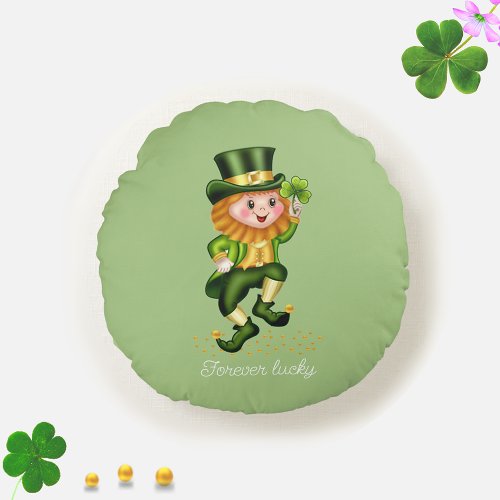 Forever Lucky Green Gnome  Clover on Light Green Round Pillow