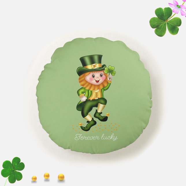 Forever Lucky Green Gnome & Clover on Light Green Round Pillow (Creator Uploaded)