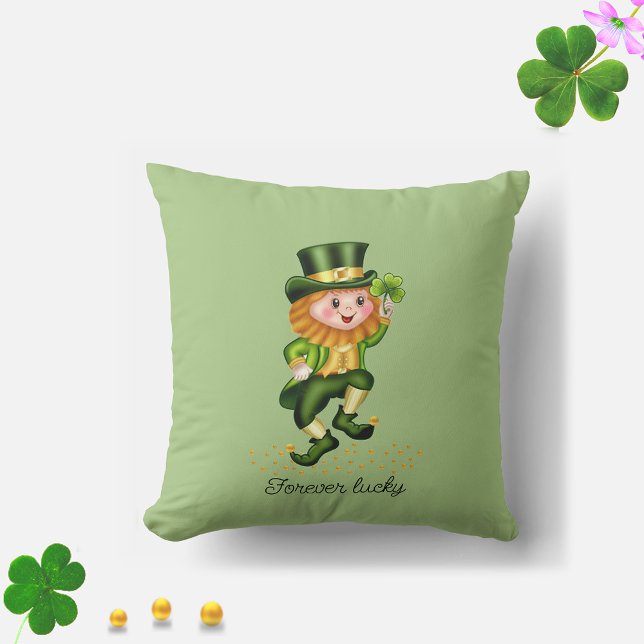 Forever Lucky Green Gnome & Clover on Light Green Throw Pillow (Creator Uploaded)