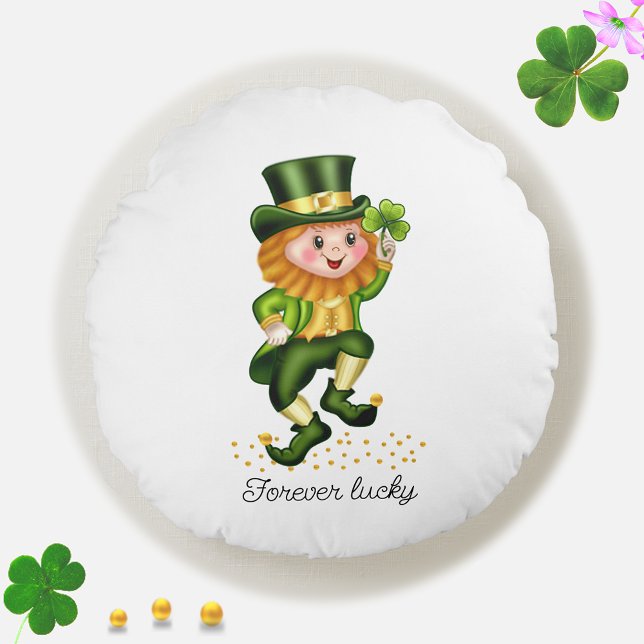 Forever Lucky Green Gnome & Clover on White Round Pillow (Creator Uploaded)