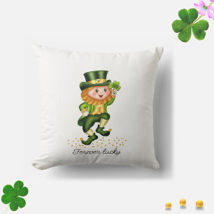 Forever Lucky Green Gnome & Clover on White Throw Pillow