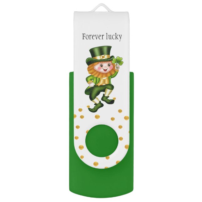 Forever Lucky Green Gnome & Gold Confetti Flash Drive (Front Vertical)