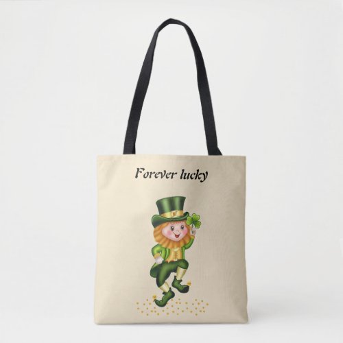 Forever Lucky Green Gnome  Gold Confetti on Beige Tote Bag