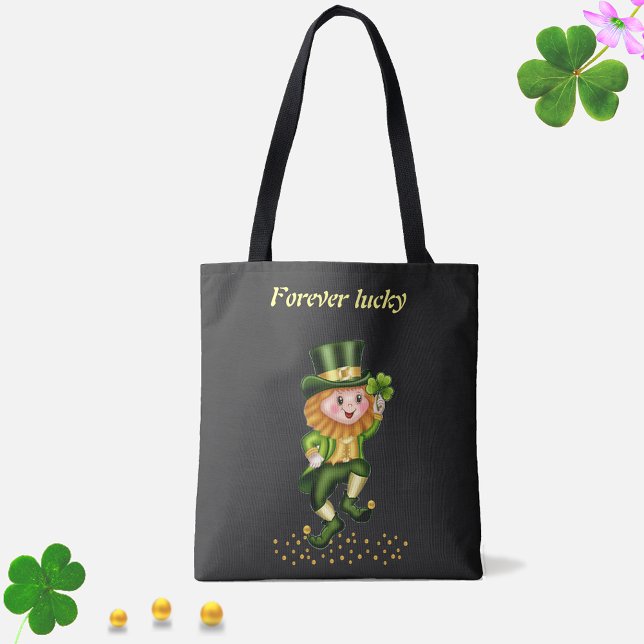 Forever Lucky Green Gnome & Gold Confetti on Black Tote Bag (Creator Uploaded)