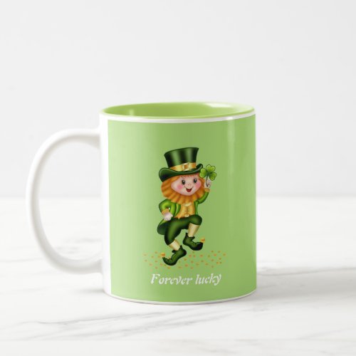 Forever Lucky Green Gnome  Monogram on Lime Green Two_Tone Coffee Mug