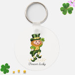 Forever Lucky Green Gnome & Monogram on White Keychain<br><div class="desc">Cute forever lucky green gnome holding a clover and golden confetti on white background. Text can be personalized. Monogram on the back side. A good souvenir for everyone!</div>