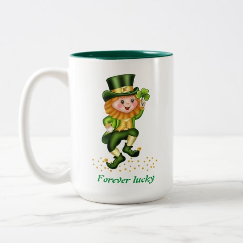 Forever Lucky Green Gnome  Monogram Two_Tone Coffee Mug