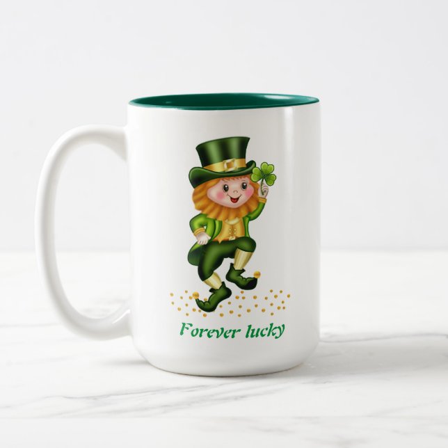Forever Lucky Green Gnome & Monogram Two-Tone Coffee Mug (Left)