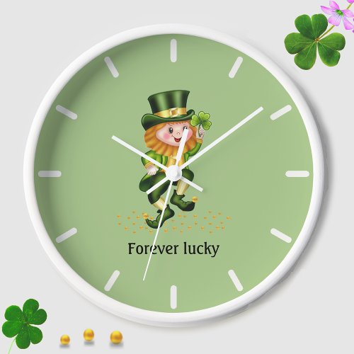 Forever Lucky Green Gnome on Light Green Clock
