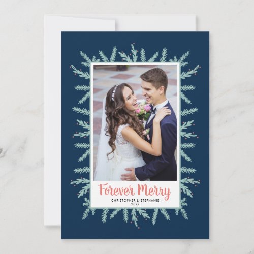Forever Merry Blue Newlyweds Photo Christmas Holiday Card