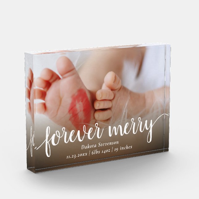 Forever Merry | Casual Script Birth Stat Keepsake Photo Block (Left)