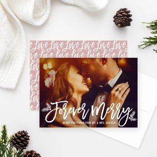 Forever Merry Dusty Rose Wedding Photo Holiday Card