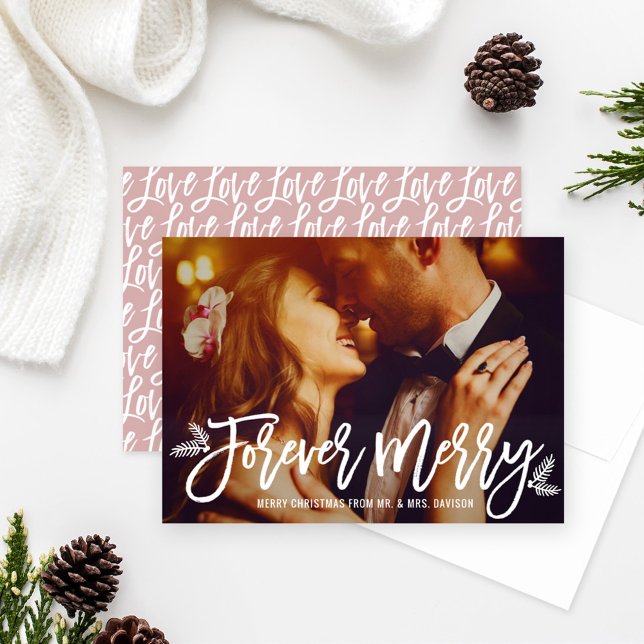 Forever Merry Pink Newlywed Photo Script Holiday Card (Creator Uploaded)