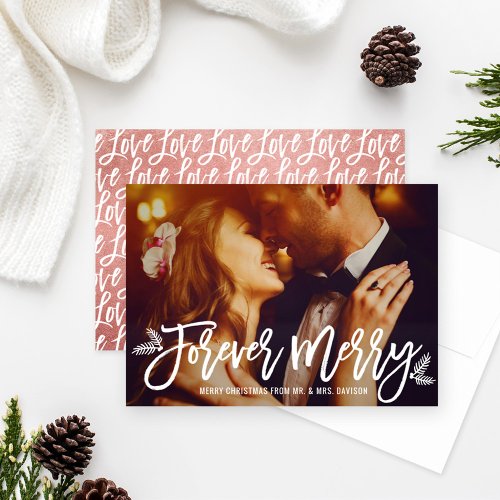 Forever Merry Rose Gold Wedding Photo Holiday Card