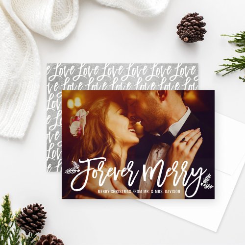 Forever Merry Silver Newlywed Wedding Photo Holiday Card
