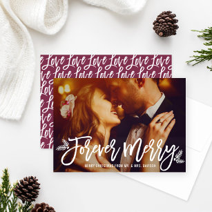 Forever Merry Wine Red Wedding Photo Holiday Card