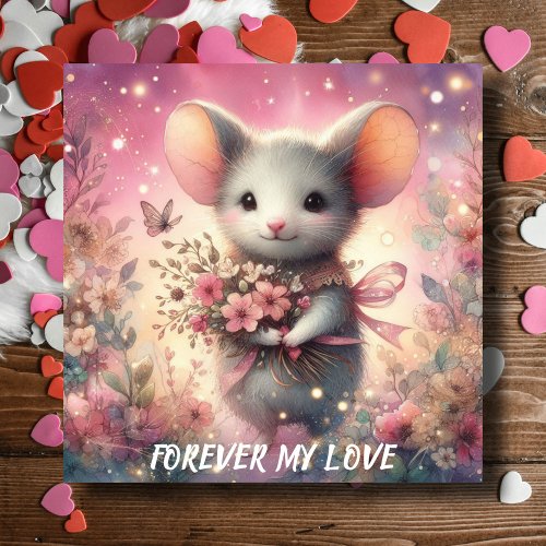 Forever My Love Mouse Watercolor Floral Valentine  Holiday Card