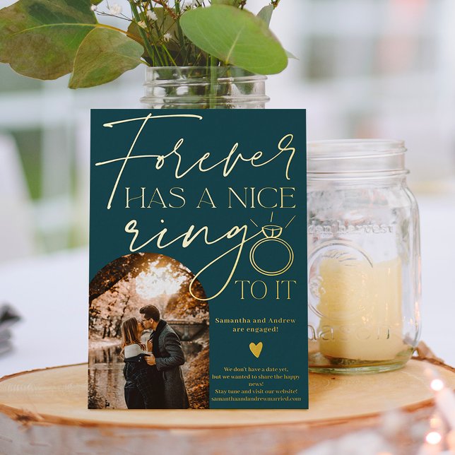 Forever ring photo arch dark teal engagement foil invitation (Creator Uploaded)