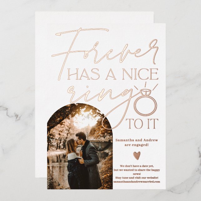 Forever ring photo arch engagement white foil invitation (Front/Back)