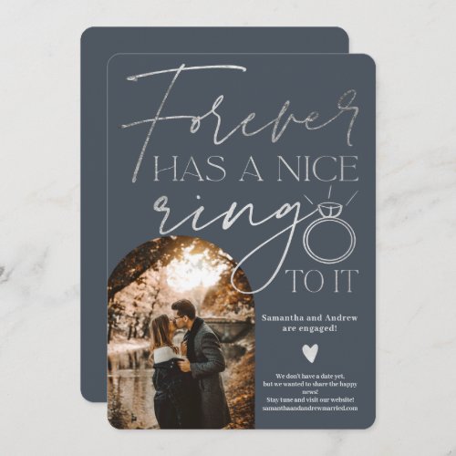 Forever ring photo arch silver blue engagement announcement - Forever has a nice ring to it, Modern script photo arch faux silver foil and dusty blue engagement announcement with an engagement ring illustration. All the colors are editable.