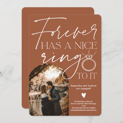 Forever ring photo arch terracotta engagement announcement - Forever has a nice ring to it, Modern script photo arch boho terracotta and white engagement announcement with an engagement ring illustration. All the colors are editable.