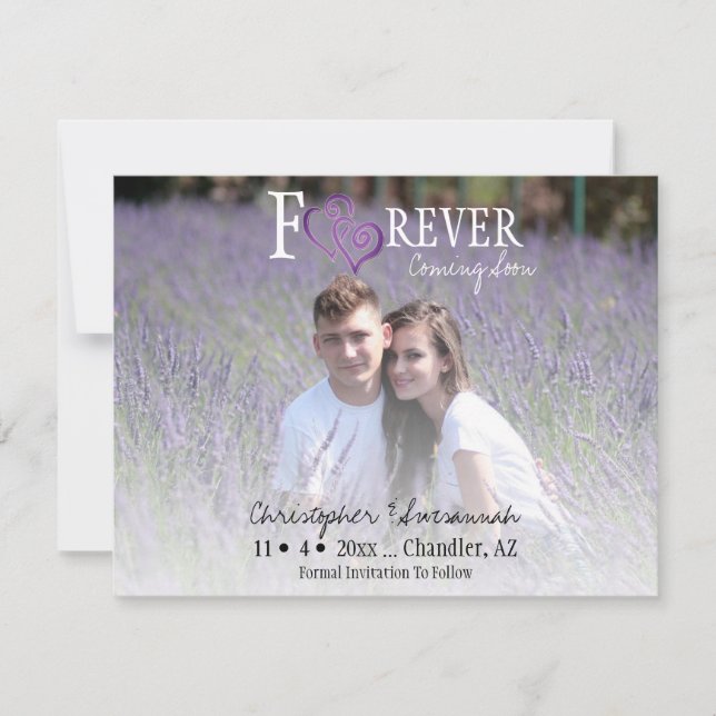 FOREVER Save The Date Purple Linked Hearts Announcement (Front)