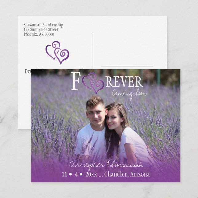 FOREVER Save The Date Purple Linked Hearts Announcement Postcard (Front/Back)
