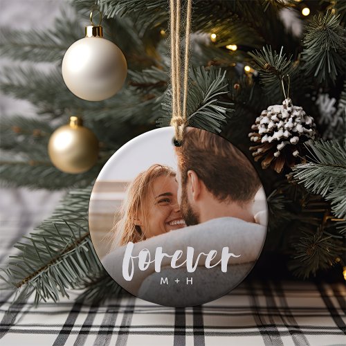 Forever Script Overlay Personalized Couples Photo Ceramic Ornament