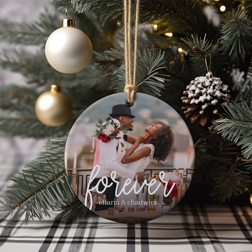 Forever Script Overlay Personalized Couples Photo Ceramic Ornament