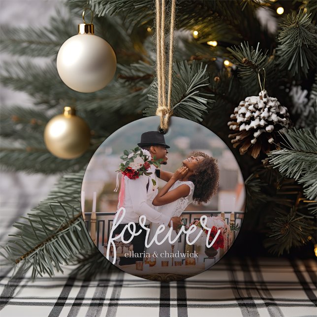 Forever Script Overlay Personalized Couples Photo Ceramic Ornament (Creator Uploaded)