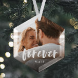 Forever Script Overlay Personalized Couples Photo Glass Ornament<br><div class="desc">Create a sweet keepsake of your wedding,  engagement,  anniversary,  honeymoon or special moment with this custom ornament that's perfect for couples. Add a favorite photo,  with "forever" overlaid in casual brush script hand lettering,  and your initials beneath.</div>
