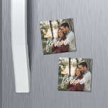 Forever Script Overlay Photo Magnet<br><div class="desc">Share a favorite everyday,  wedding or engagement photo on our square magnets for couples featuring "forever" in modern white handwritten script along the bottom. Makes a sweet gift for anniversaries and Valentine's Day!</div>