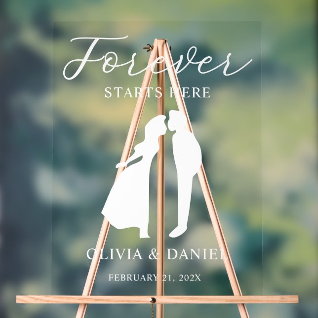 Forever Starts Here Elegant Script Wedding Welcome Acrylic Sign (Neutral)
