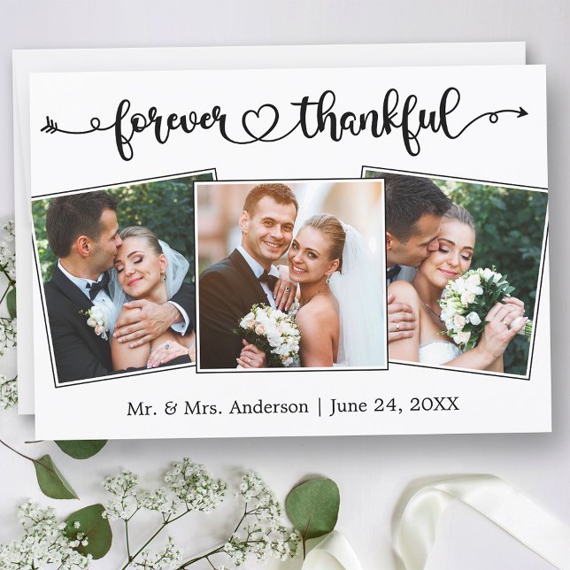 Forever Thankful Calligraphy Heart 3 Photo Wedding Thank You Card (Customize to change your personalized text size or text style.)