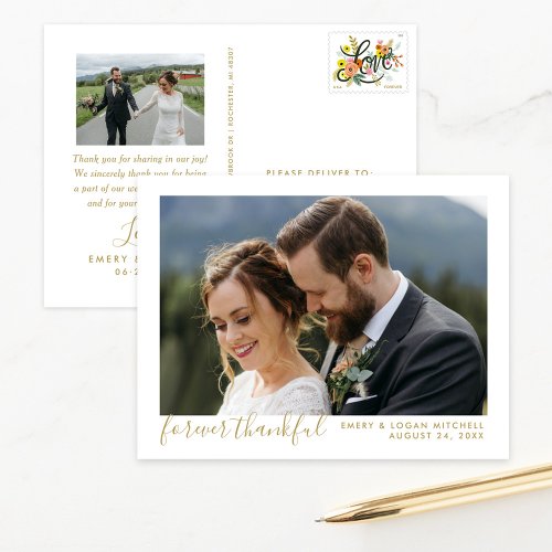 Forever Thankful Gold Wedding Photo Thank You Postcard