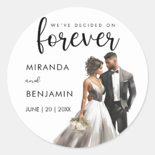 Forever Wedding Black Bride Groom Watercolor Classic Round Sticker