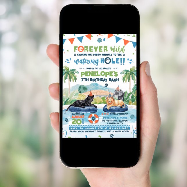 Forever Wild Animals Pool Party Birthday  Invitation (Front Digital)