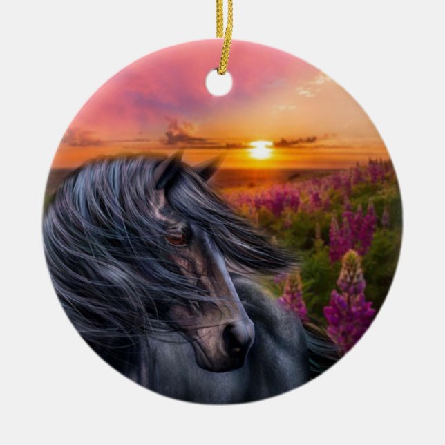 Forever Wild Black Horse Stallion Ceramic Ornament (Front)