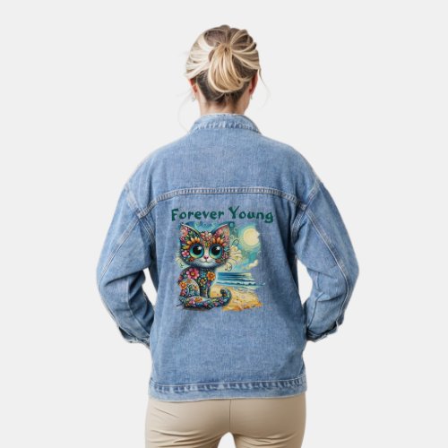 Forever Young Whimsical Floral Kitty Cat Painting  Denim Jacket