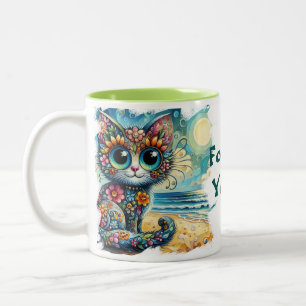Forever Young Whimsical Floral Kitty Cat Painting Two-Tone Coffee Mug