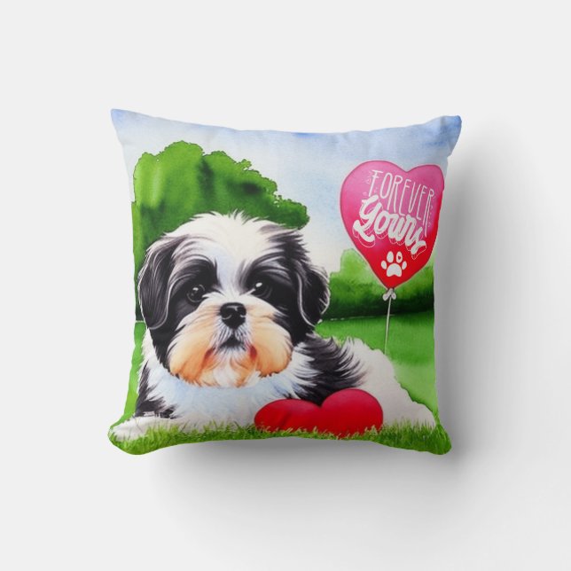 Forever Yours Shih Tzu Watercolor Throw Pillow (Front)
