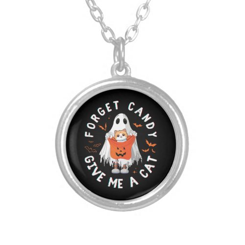 Forget Candy Give Me Cat Funny Boo Ghost Halloween Silver Plated Necklace