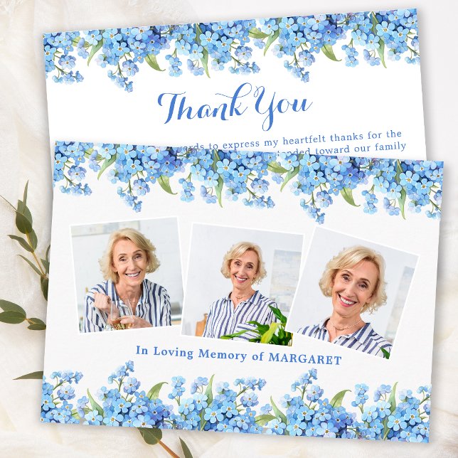 Forget Me Not 3 Photo Memorial Modern Funeral Thank You Card (Creator Uploaded)