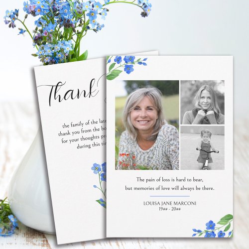 Forget me Not 3 Photo Memories of Love Funeral Thank You Card